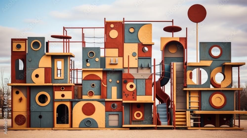 Poster a colorful playground structure made of different colored pieces, ai