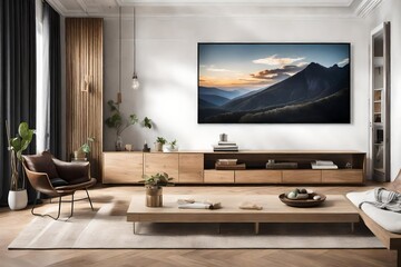 A Canvas Frame for a mockup majestically hung above a sleek, matte-finished TV console in a modern TV room