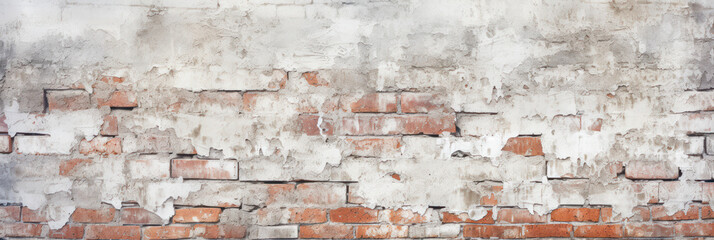 Old brick wall with damaged plaster and white paint texture background