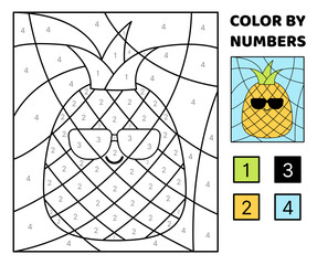 Pineapple. Color by number. Squishmallow. Coloring page. Game for kids. Kawaii, cartoon, vector