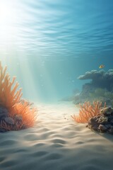 luxurious marine poster. underwater landscape. sunlit shelf view, coral thickets