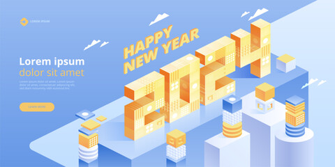 2024 Happy New Year. New innovative ideas. Digital technologies. Isometric technology for new year holiday posters and banners. Vector illustration with trendy geometric elements - obrazy, fototapety, plakaty