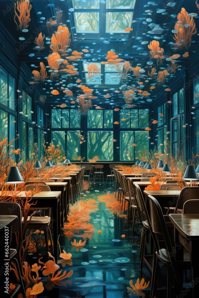 Canvas Prints an underwater classroom with orange fish, ai