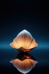 Unreal luxurious pearlescent sea shell. On a reflective surface. Close-up. On a dark blue background. View of a huge seashell.