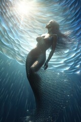perfect mermaid in sea water. sun rays. clear blue water. - obrazy, fototapety, plakaty
