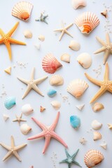 Background. elegant poster. starfish, seashells, On light background