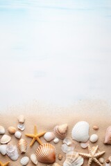 Background. nice Poster. sea shells, sprigs of coral against light blue water. free space