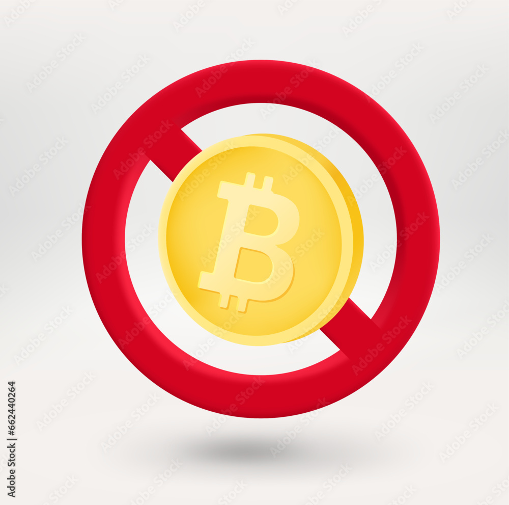 Poster Bitcoin coin in red circle with crossed line. 3d vector icon 
