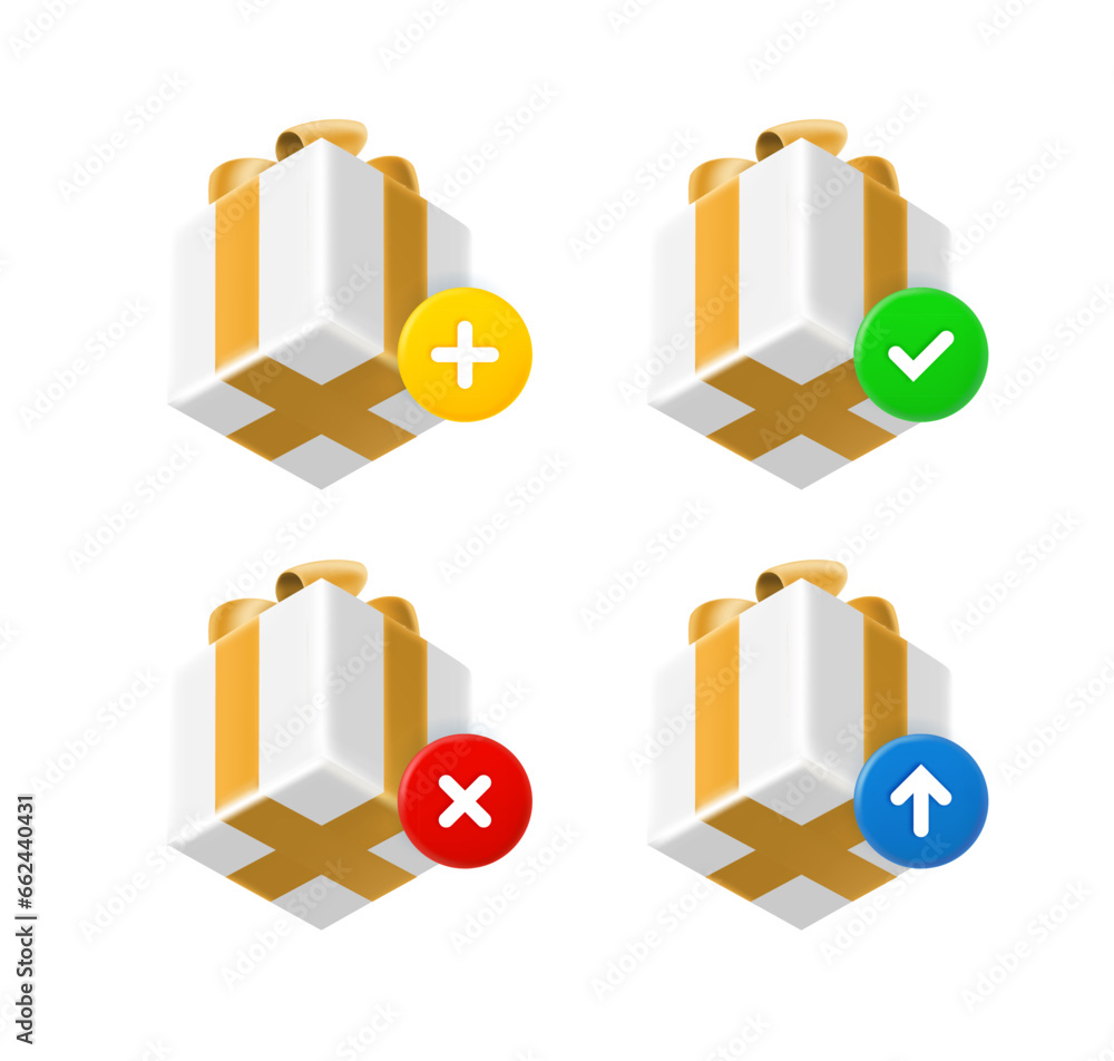 Poster gift box icon set with different pictograms. 3d vector icons set
