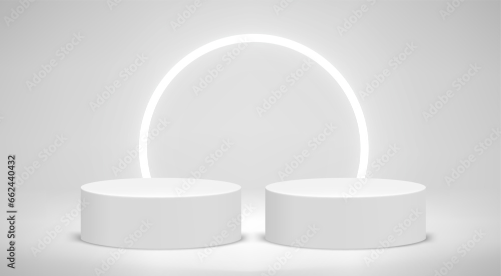 Aufkleber white illuminated studio with arc neon and two podium. 3d vector illustration