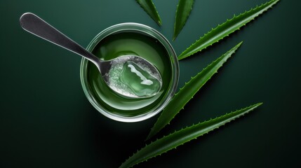 The spoon filled with aloe vera gel and aloe leafs on the green background. Top view banner