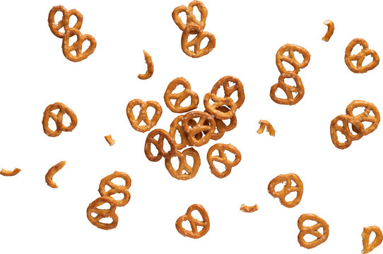 Mini pretzels scattered flat lay isolated on transparent background