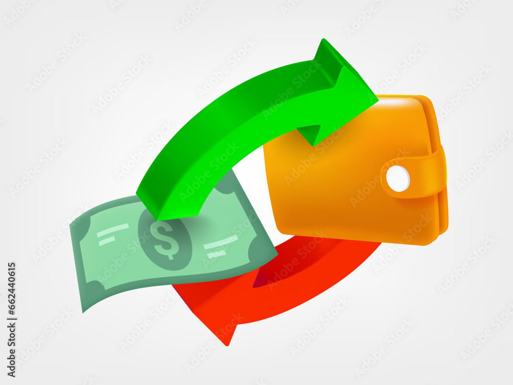 Poster Two arrow in the circle with banknote and wallet. Cashback concept. 3d vector icons isolated on white background