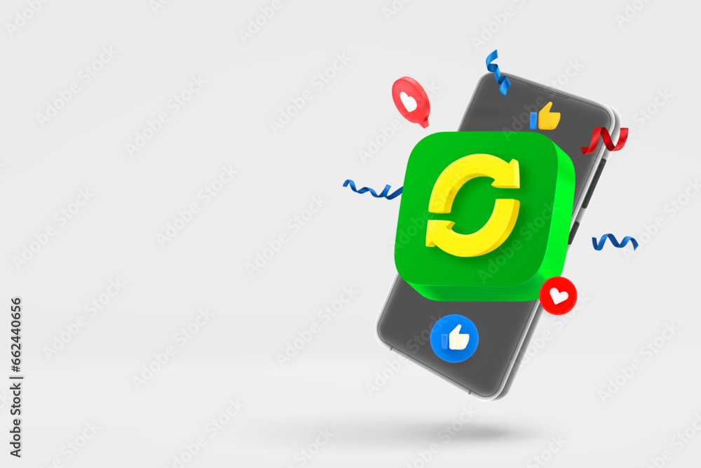Poster Modern smartphone with update button. 3d vector banner with copy space