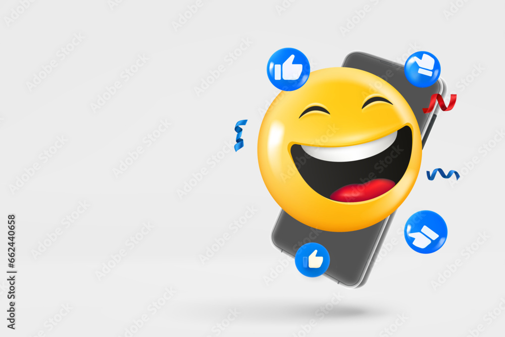 Poster modern smartphone with social media icons and laughing emoji. 3d vector banner with copy space