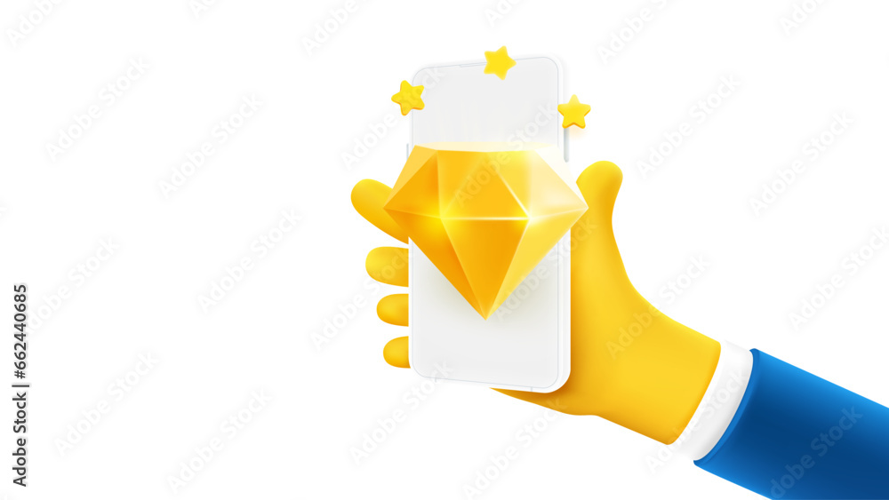 Poster man holding smartphone with golden gem on the screen. 3d vector banner with copy space