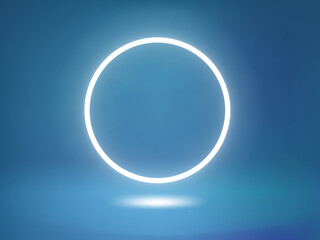 White room with neon lights and podium. Product advertising mockup. 3d vector illustration