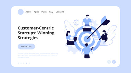 Business startup, goal achievement, boost, project launch, successful idea presentation with infographic icons around. Concept Landing Page Template, Website Banner, Vector Illustration