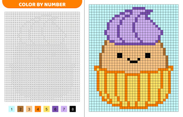 Cupcake squishmallow. Color by number. Pixel coloring book. Numbered squares. Game for kids