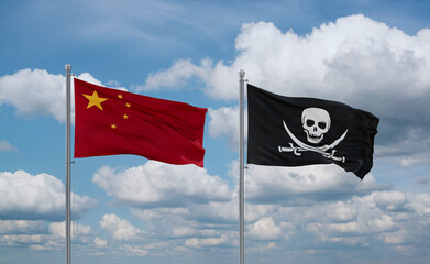 Pirate and China flags, country relationship concept