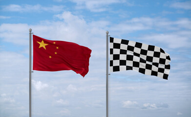 Checkered racing and China flags, country relationship concept