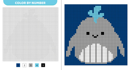 Whale squishmallow. Color by number. Pixel coloring book. Numbered squares. Game for kids