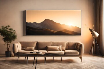 A Canvas Frame for a mockup in a modern TV room with textured walls of neutral hues, delicately contrasted by the luminous sheen of a slim OLED TV mounted below - obrazy, fototapety, plakaty