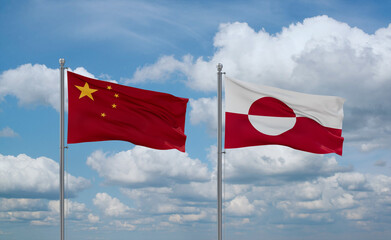 Greenland and China flags, country relationship concept