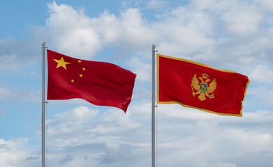 Montenegro and China flags, country relationship concept
