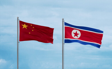 North Korea and China flags, country relationship concept