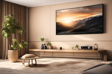 Fototapeta na wymiar A Canvas Frame for a mockup in a modern TV room with textured walls of neutral hues, delicately contrasted by the luminous sheen of a slim OLED TV mounted below