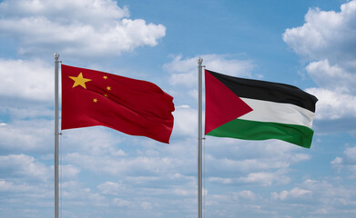 Palestine and China flags, country relationship concept