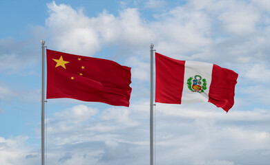Peru and China flags, country relationship concept