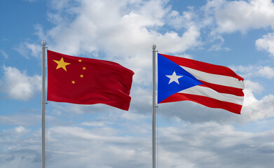 Puerto Rico and China flags, country relationship concept