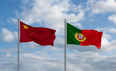 Portugal and China flags, country relationship concept