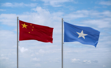 Somalia and China flags, country relationship concept