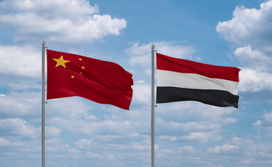 Yemen and China flags, country relationship concept
