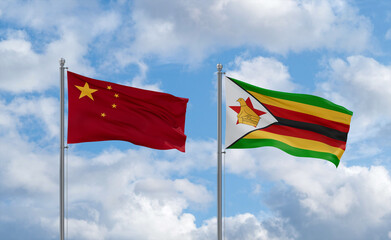 Zimbabwe and China flags, country relationship concept