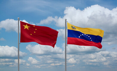 Venezuela and China flags, country relationship concept