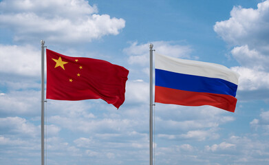Russia and China flags, country relationship concept