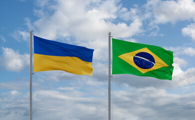 Ukraine and Brazil flags, country relationship concept