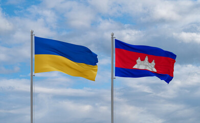 Cambodia and Ukraine flags, country relationship concept