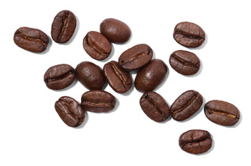 Many roasted coffee beans isolated on white, top view