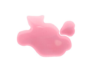 Puddle of red liquid on white background, top view