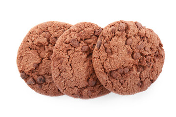 Delicious chocolate chip cookies isolated on white, top view