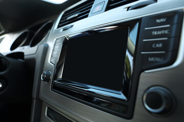 Closeup view of dashboard with vehicle audio in car