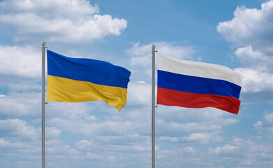 Russia and Ukraine flags, country relationship concept