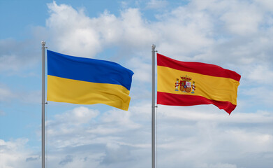 Spain and Ukraine flags, country relationship concept