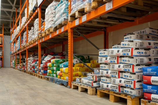 Large selection of building materials are sold in hardware store. Warehouse for wholesale and retail trade in building materials. Goods for construction and repair. Minsk, Belarus, October 3, 2023