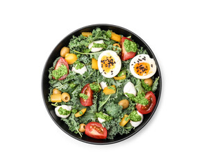 Delicious salad with pesto sauce in bowl isolated on white, top view